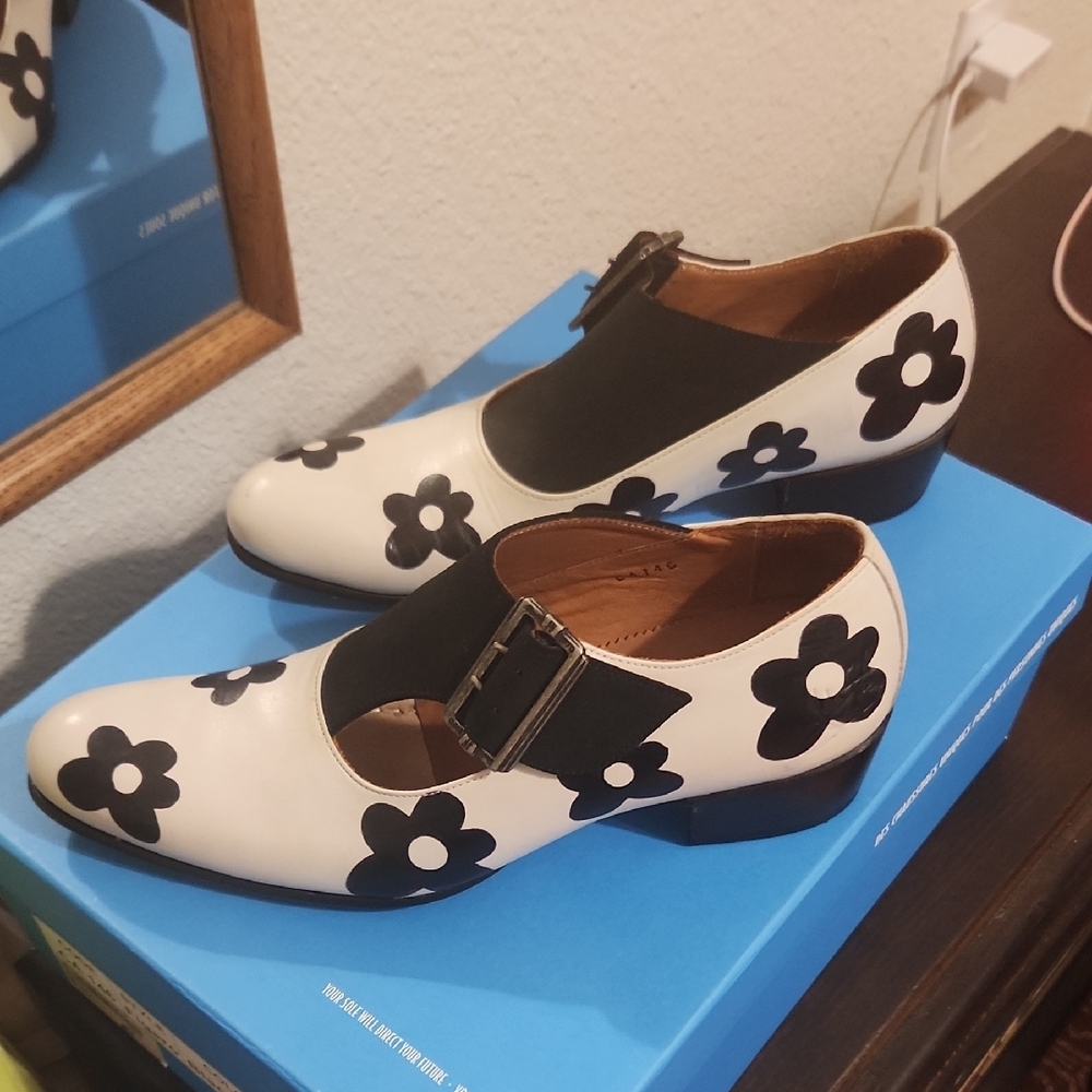 Fluevog FIGARO Foral Black and White Buckle Shoes